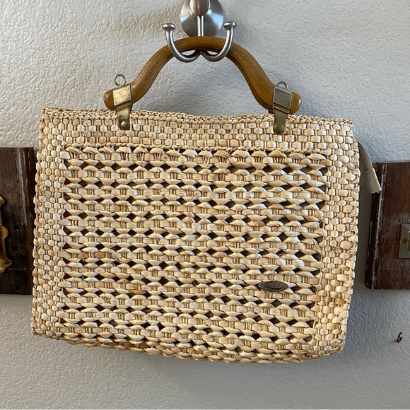 Handbags - Gorgeous italian hand weaved vintage rattan and wood tote large